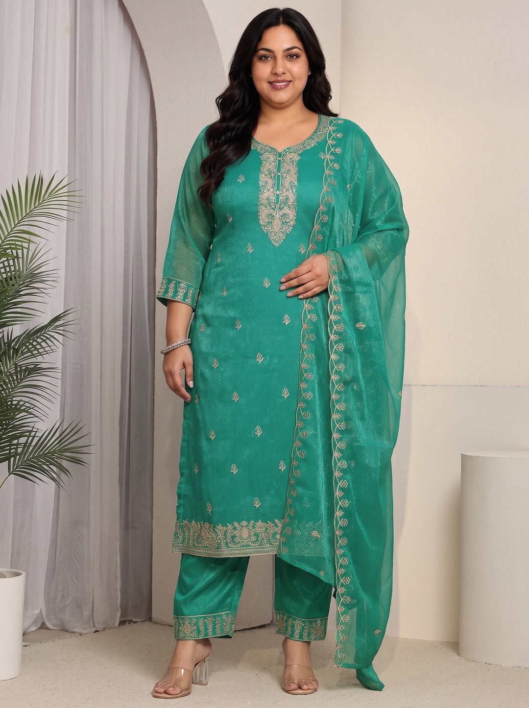  Plus Size Sea Green Floral Embroidered Chinon Straight Suit Set 