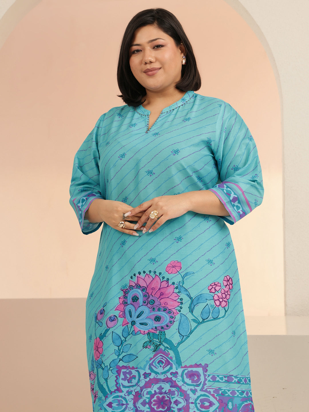  Plus Size Blue Floral Printed Straight Suit Set 