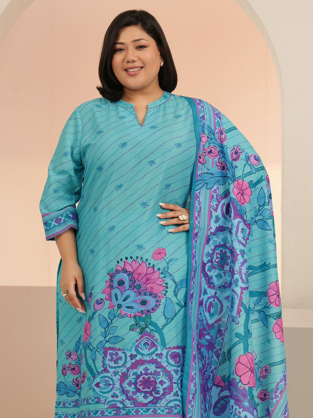  Plus Size Blue Floral Printed Straight Suit Set 