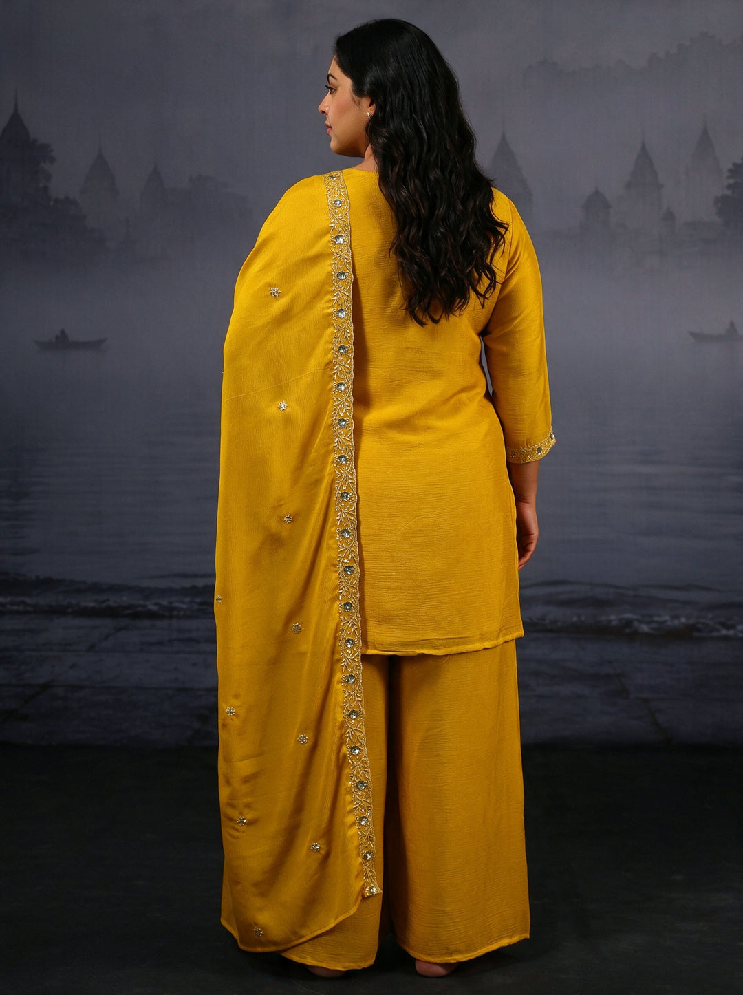  Plus Size Mustard Floral Embellished Chinon Palazzo Suit Set 