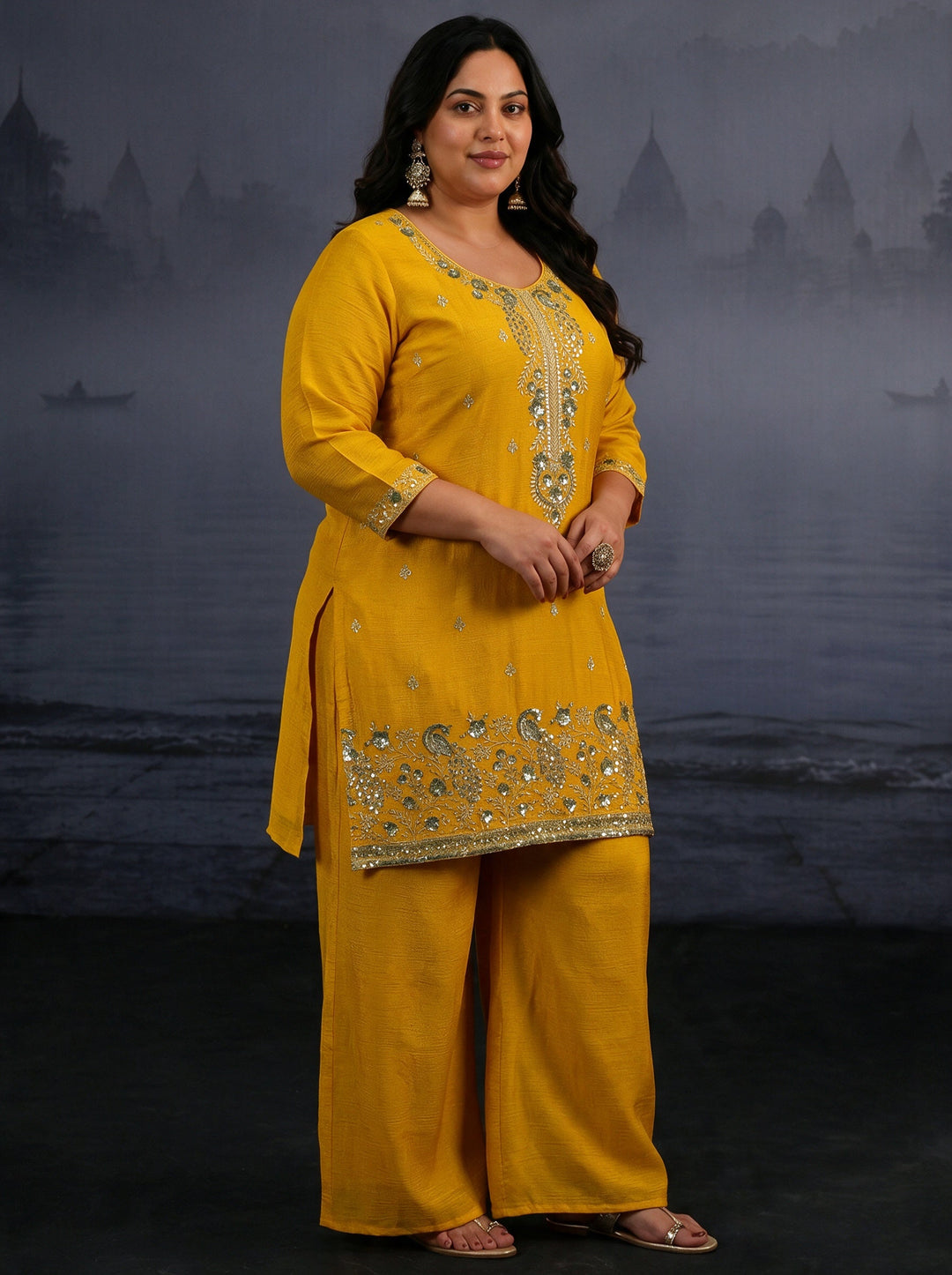  Plus Size Mustard Floral Embellished Chinon Palazzo Suit Set 