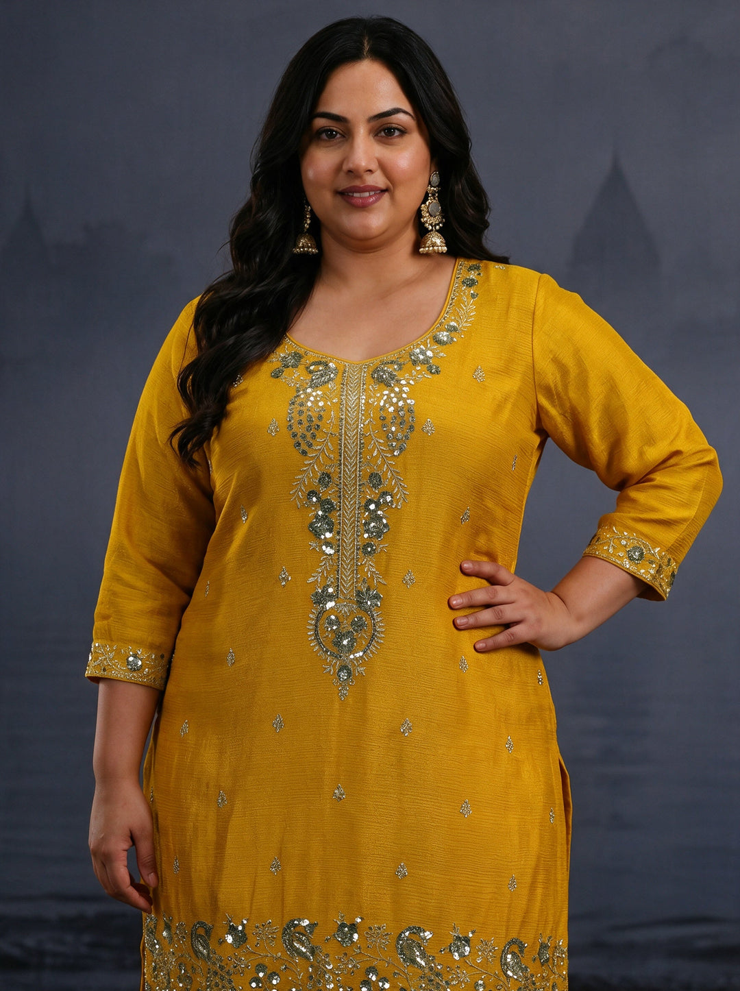  Plus Size Mustard Floral Embellished Chinon Palazzo Suit Set 