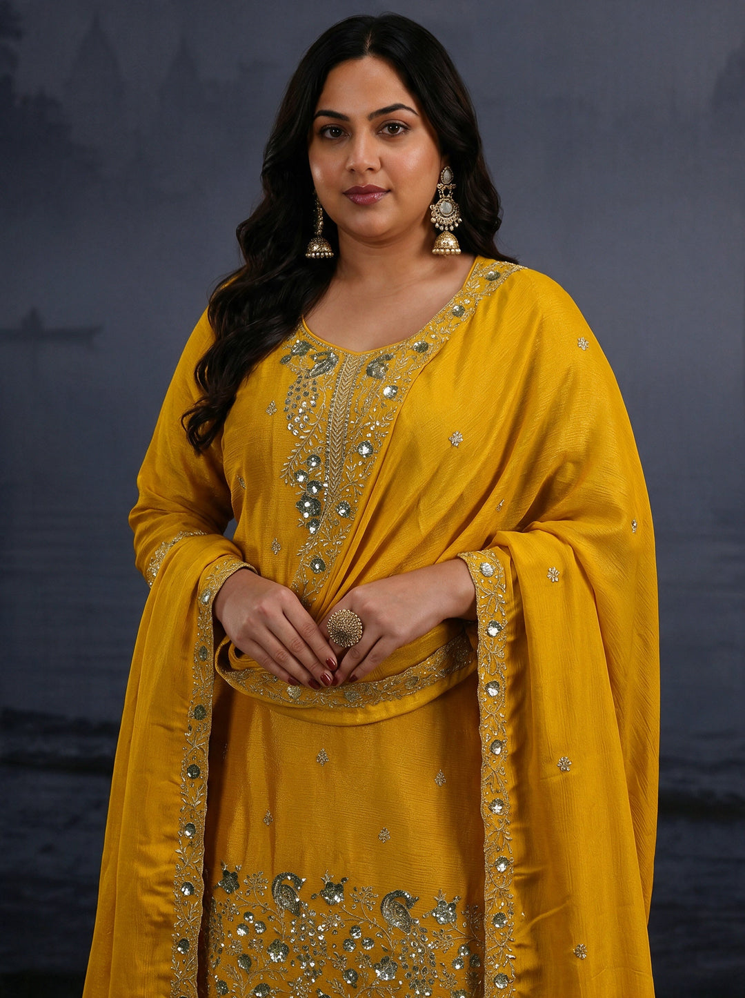  Plus Size Mustard Floral Embellished Chinon Palazzo Suit Set 
