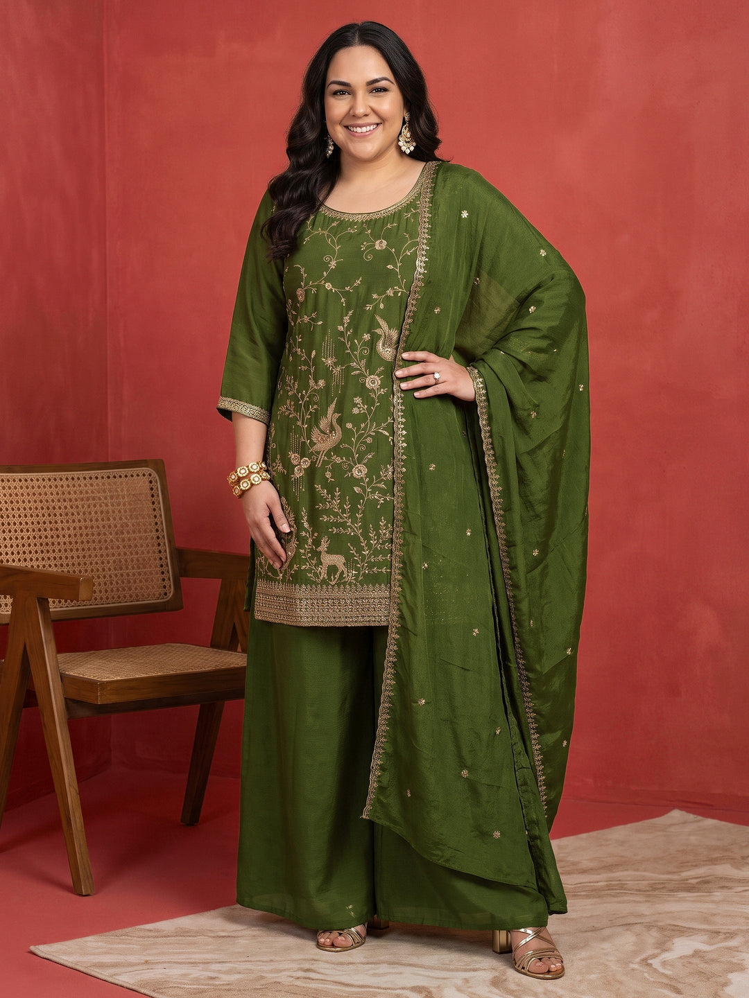  Plus Size Green Floral Embroidered Chinon Palazzo Suit Set 