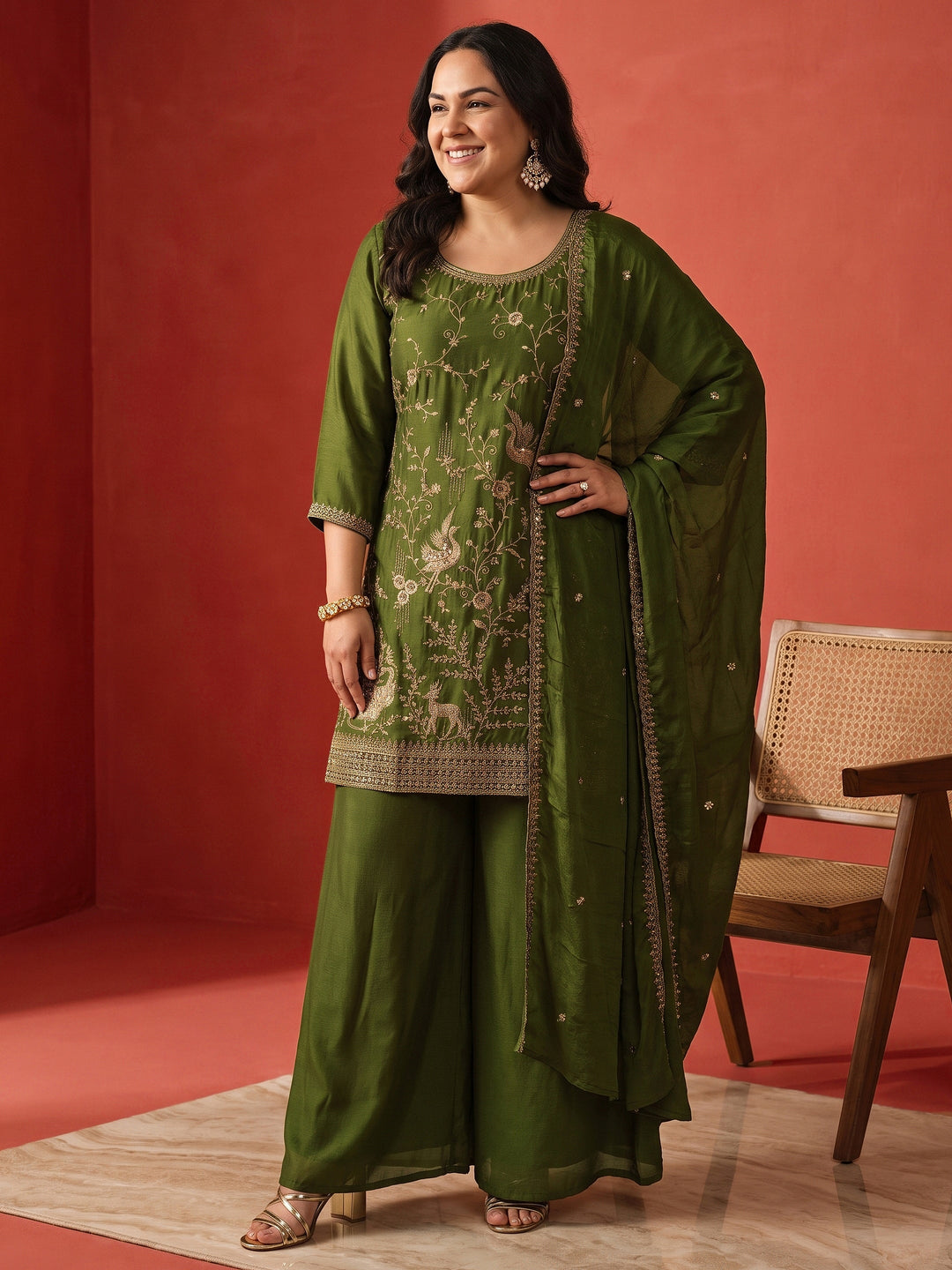  Plus Size Green Floral Embroidered Chinon Palazzo Suit Set 