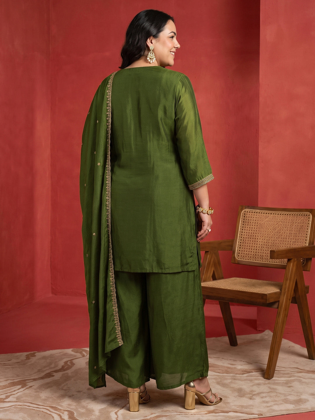  Plus Size Green Floral Embroidered Chinon Palazzo Suit Set 