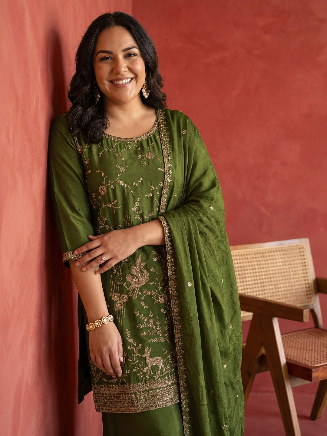  Plus Size Green Floral Embroidered Chinon Palazzo Suit Set 