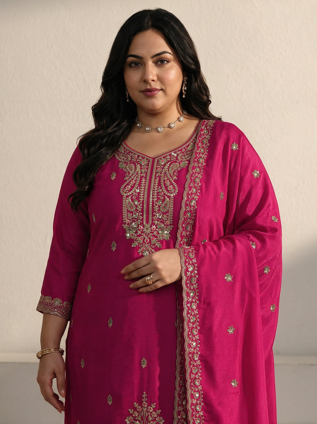  Plus Size Rani Pink Sequin Embellished Chinon Palazzo Suit Set 