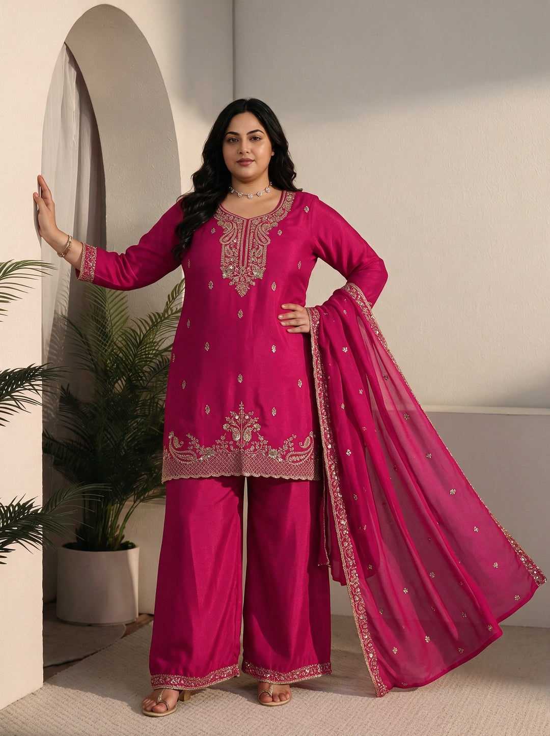  Plus Size Rani Pink Sequin Embellished Chinon Palazzo Suit Set 