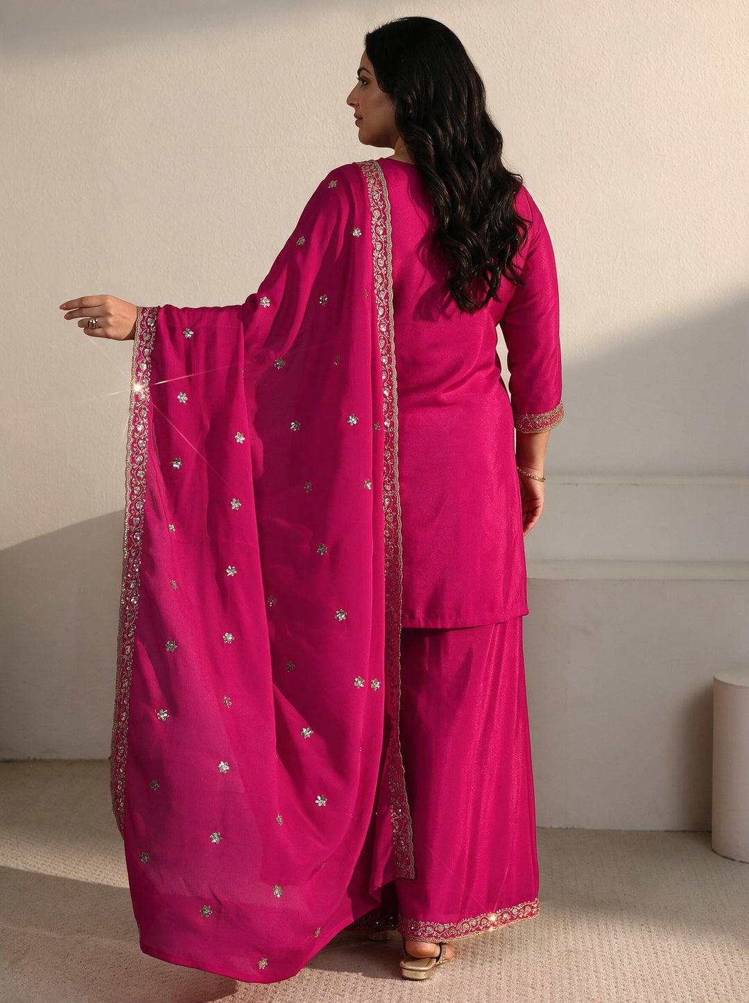  Plus Size Rani Pink Sequin Embellished Chinon Palazzo Suit Set 