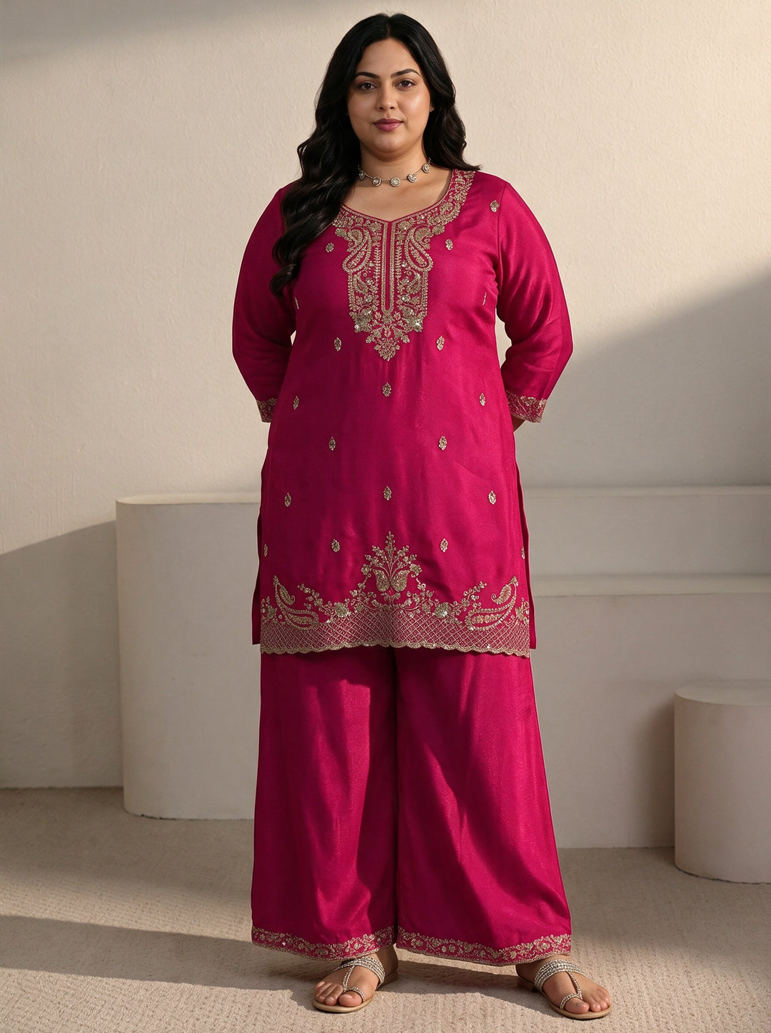  Plus Size Rani Pink Sequin Embellished Chinon Palazzo Suit Set 