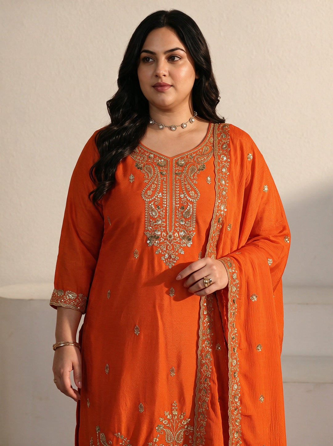  Plus Size Orange Sequin Embellished Chinon Palazzo Suit Set 