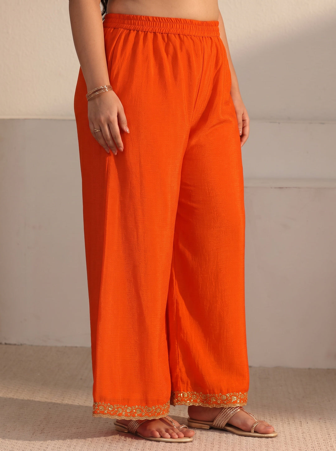  Plus Size Orange Sequin Embellished Chinon Palazzo Suit Set 