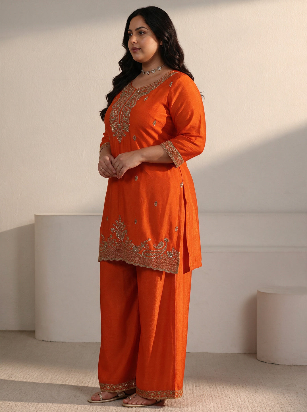  Plus Size Orange Sequin Embellished Chinon Palazzo Suit Set 