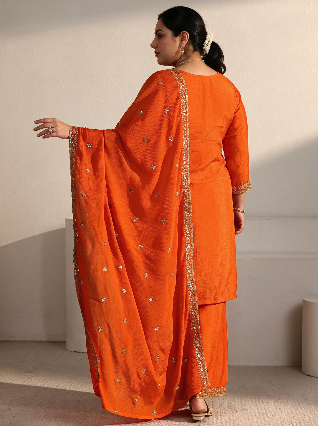  Plus Size Orange Sequin Embellished Chinon Palazzo Suit Set 