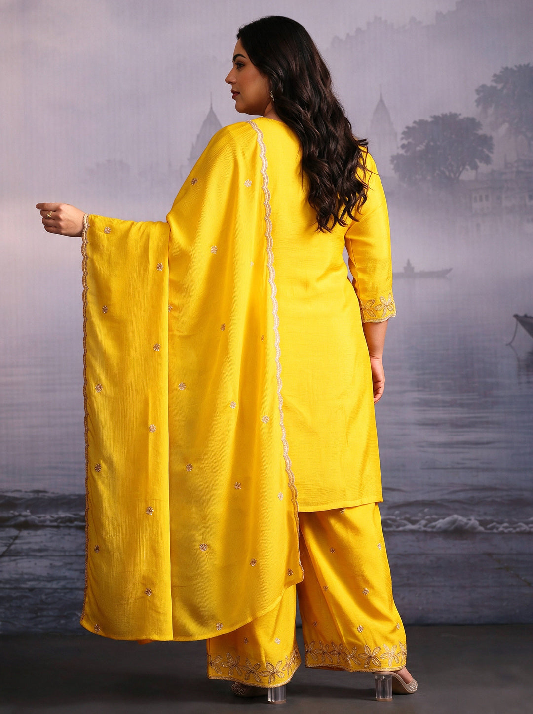  Plus Size Yellow Floral Embroidered Chinon Palazzo Suit Set 