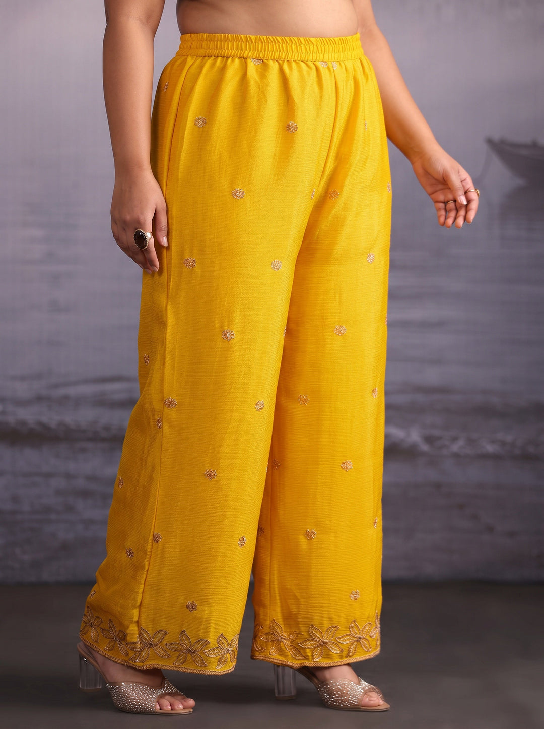  Plus Size Yellow Floral Embroidered Chinon Palazzo Suit Set 