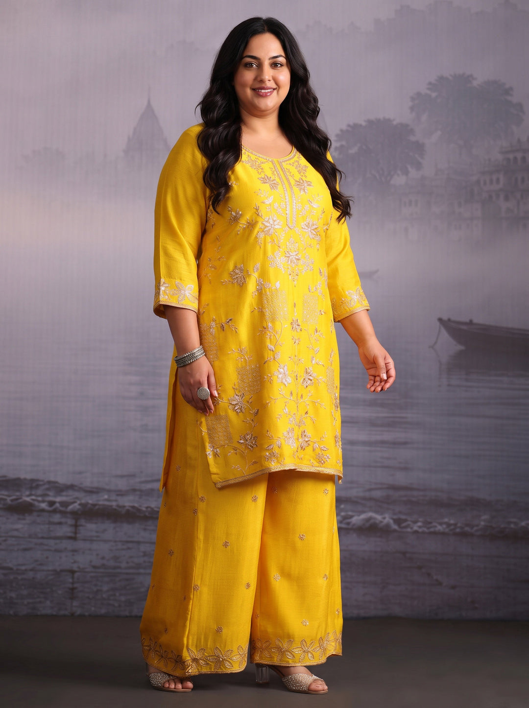  Plus Size Yellow Floral Embroidered Chinon Palazzo Suit Set 
