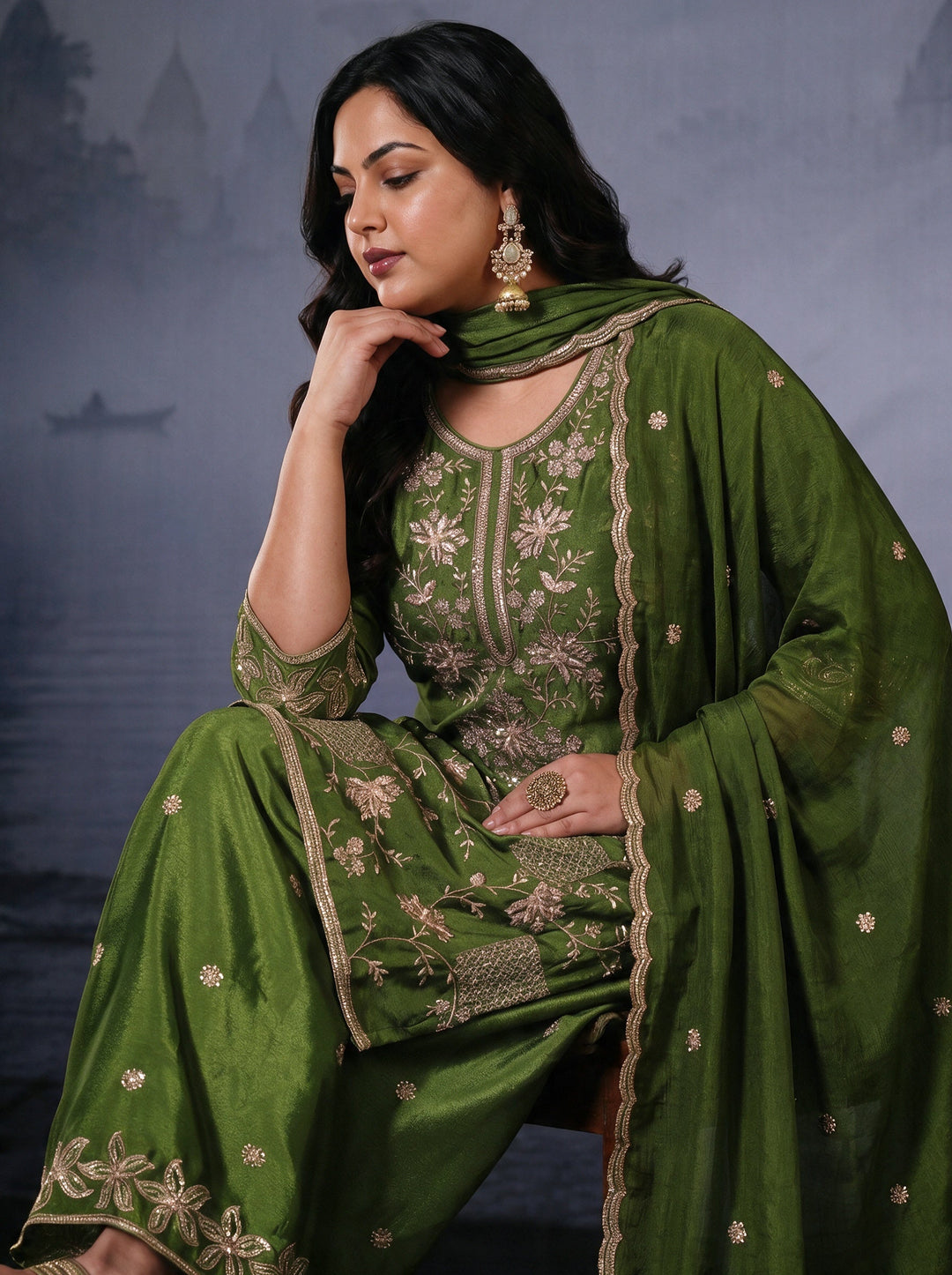  Plus Size Henna Green Floral Embroidered Chinon Palazzo Suit Set 