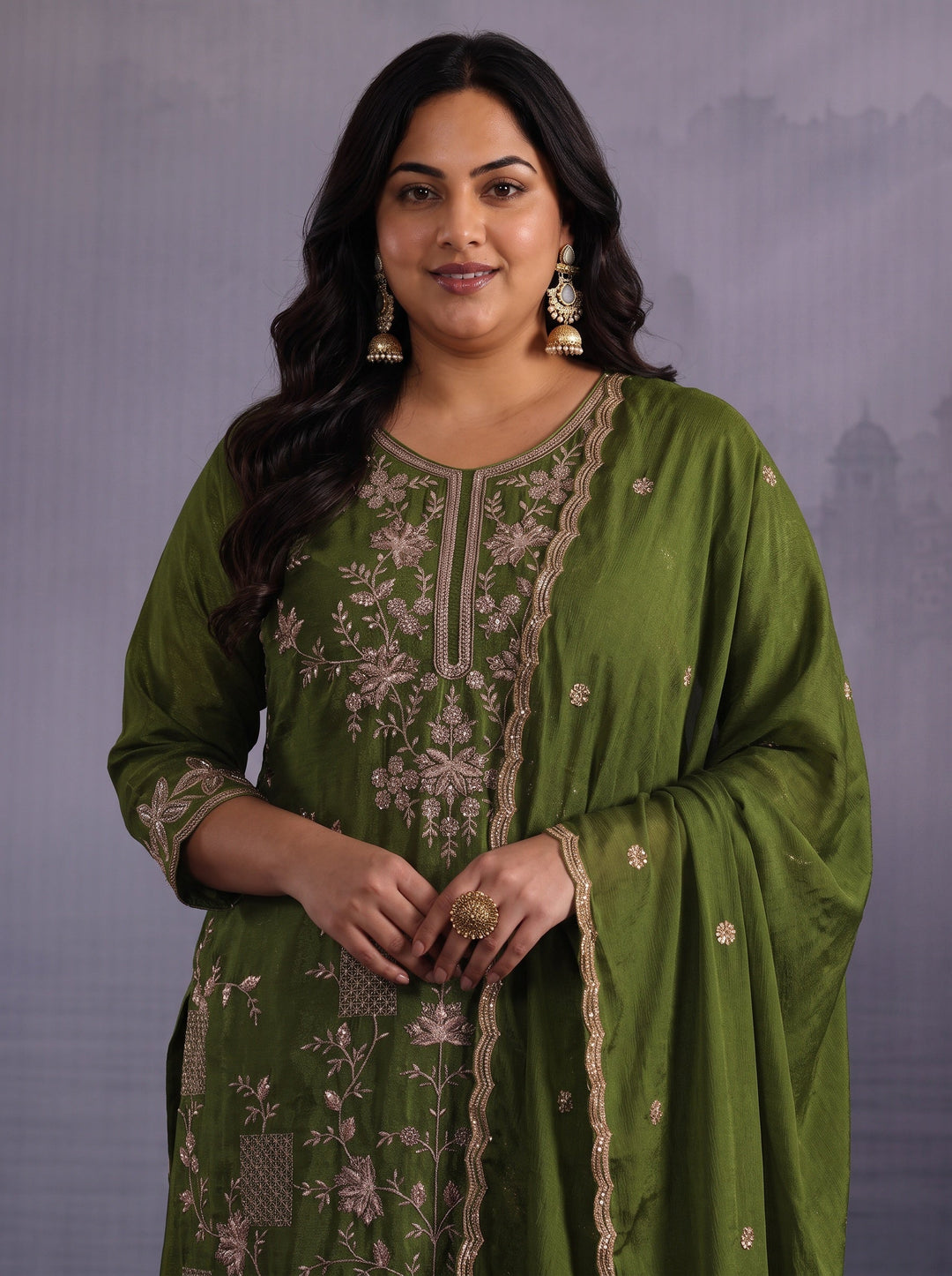  Plus Size Henna Green Floral Embroidered Chinon Palazzo Suit Set 