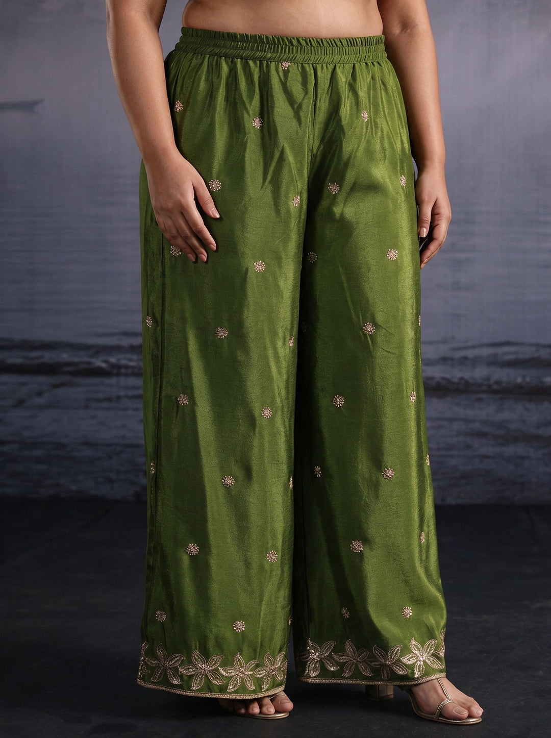  Plus Size Henna Green Floral Embroidered Chinon Palazzo Suit Set 