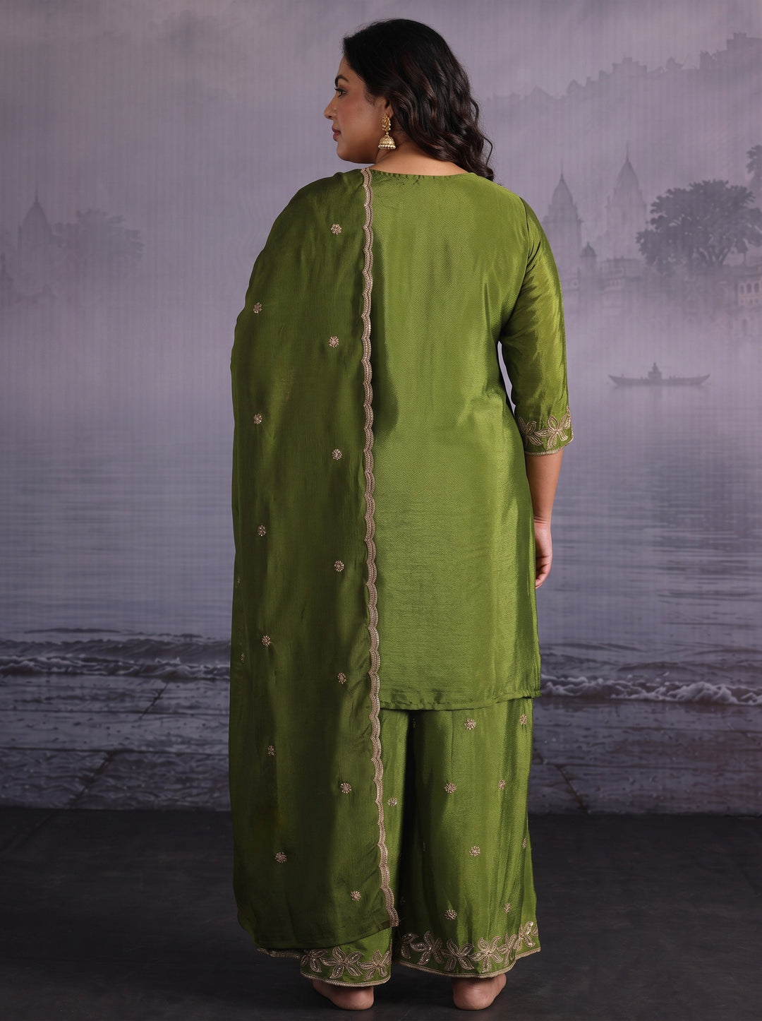  Plus Size Henna Green Floral Embroidered Chinon Palazzo Suit Set 