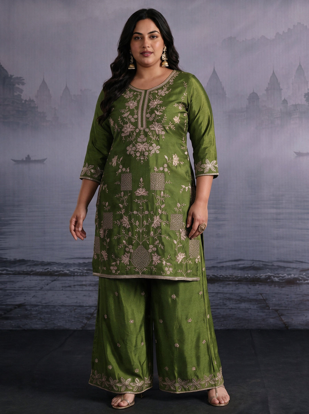 Plus Size Henna Green Floral Embroidered Chinon Palazzo Suit Set 