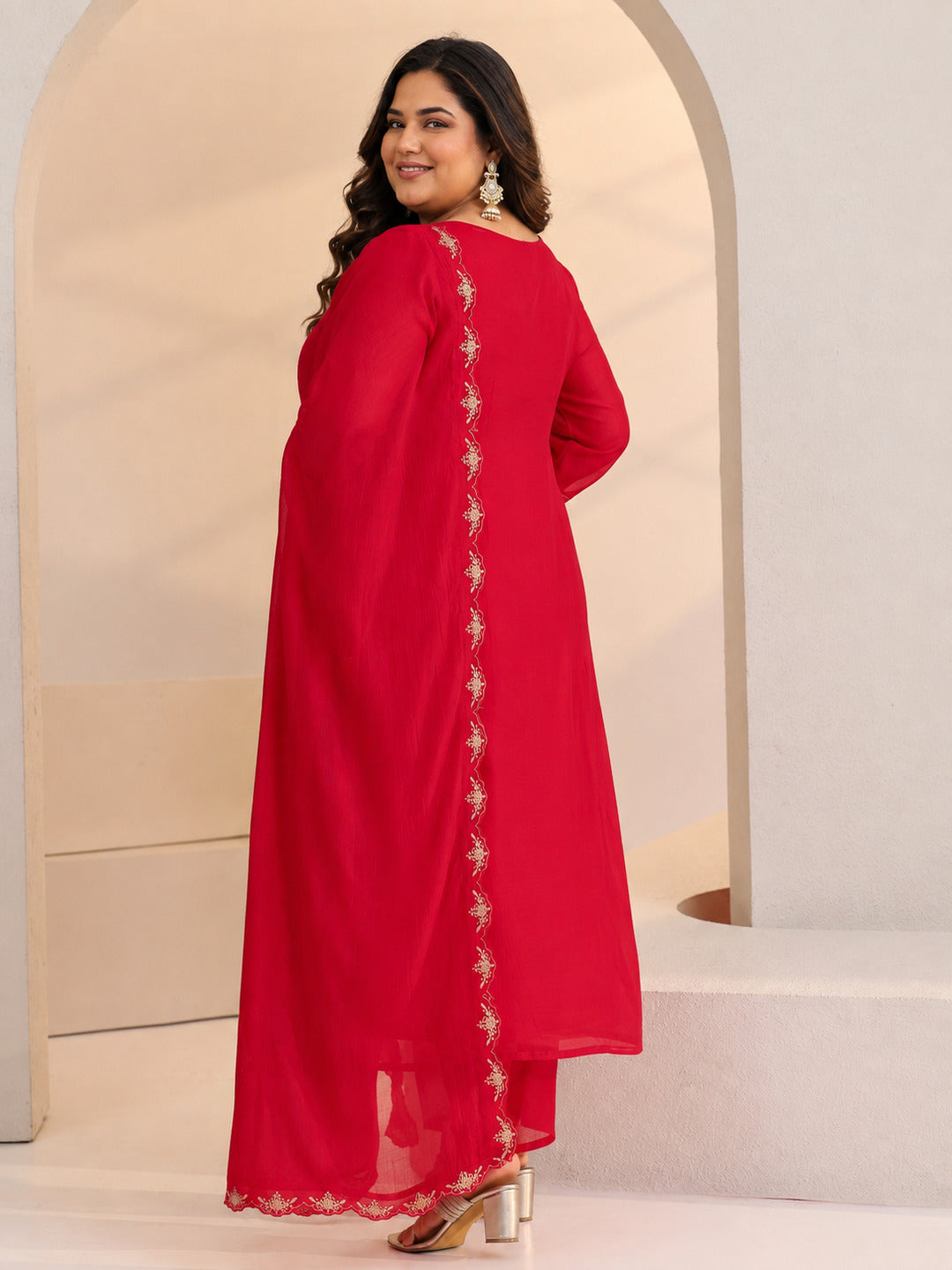  Plus Size Red Floral Embellished Chanderi Cotton A-Line Suit Set 