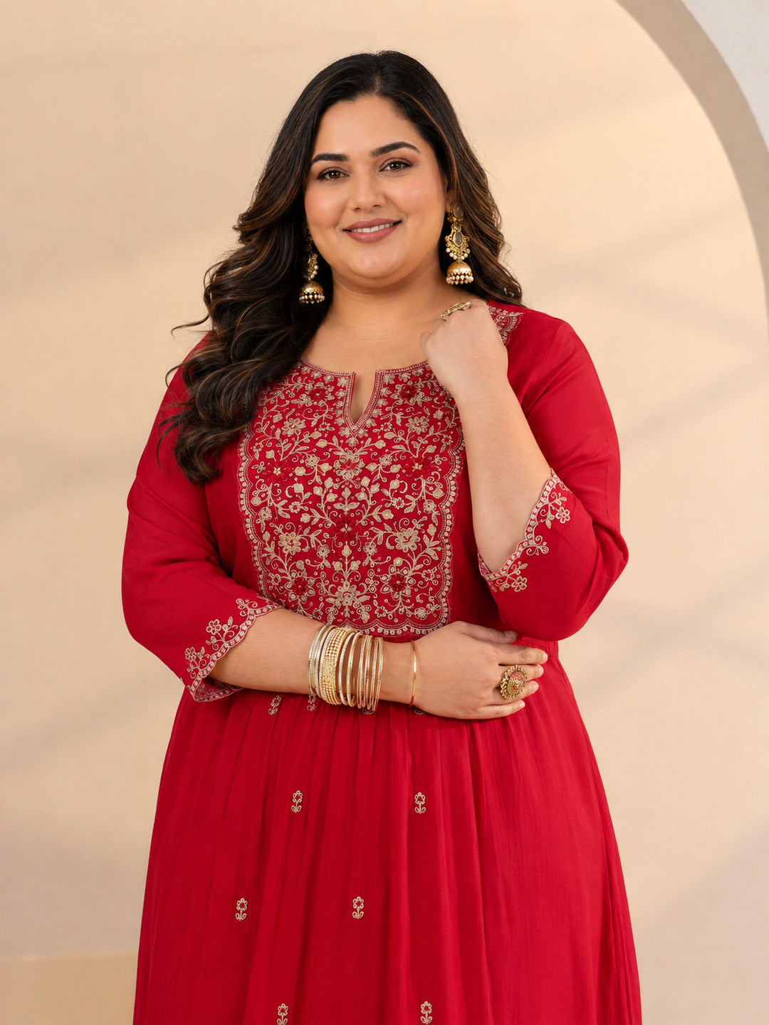  Plus Size Red Floral Embellished Chanderi Cotton A-Line Suit Set 
