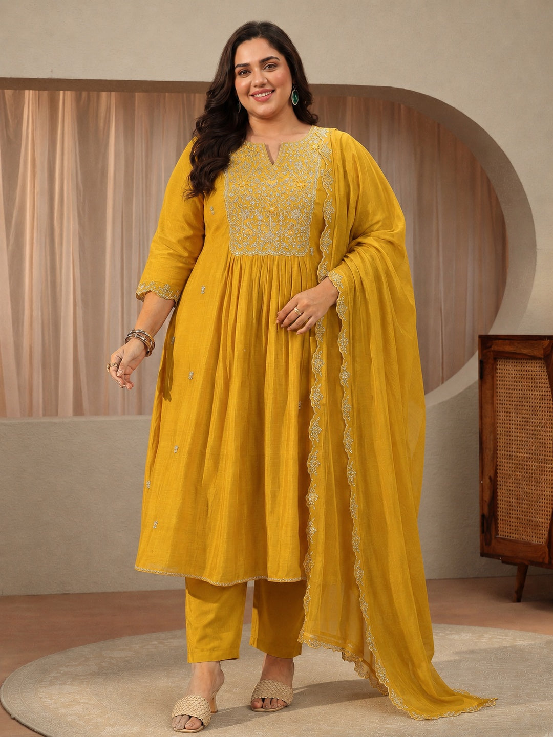  Plus Size Yellow Floral Chanderi Cotton A-line Suit Set 