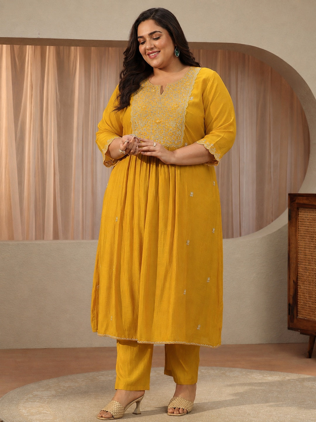  Plus Size Yellow Floral Chanderi Cotton A-line Suit Set 