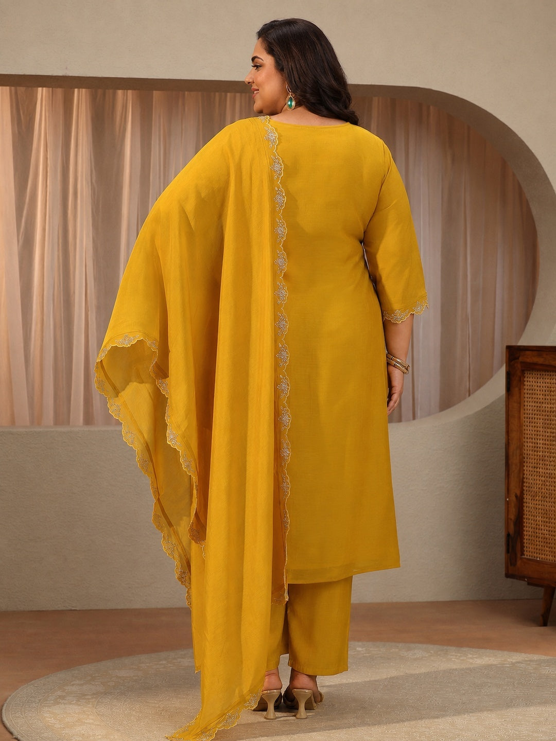  Plus Size Yellow Floral Chanderi Cotton A-line Suit Set 