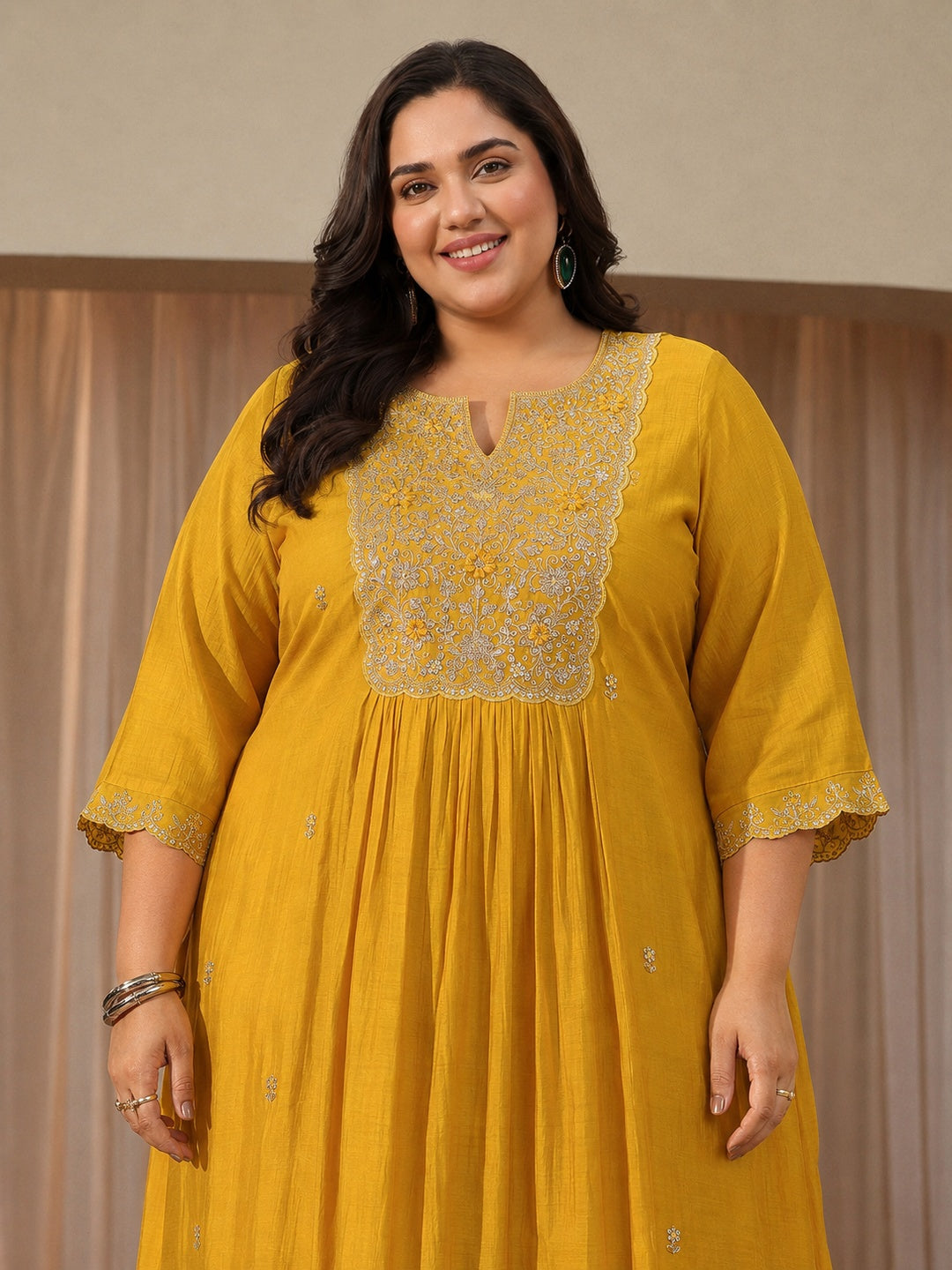  Plus Size Yellow Floral Chanderi Cotton A-line Suit Set 