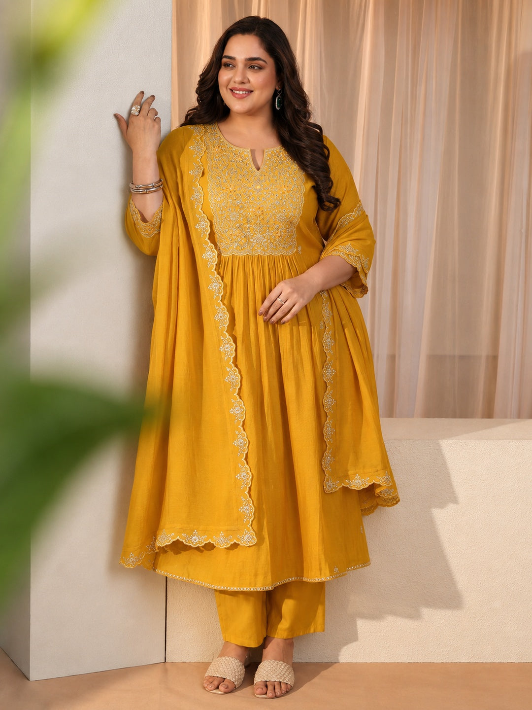 libas Plus Size Yellow Floral Chanderi Cotton A-line Suit Set-picture-23