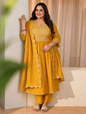 Plus Size Yellow Floral Chanderi Cotton A-line Suit Set