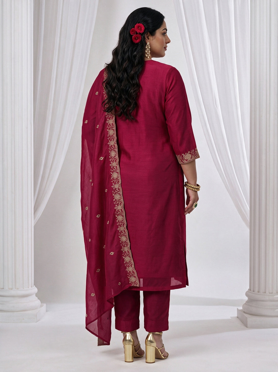  Plus Size Berry Pink Floral Embroidered Silk Blend Straight Suit Set 