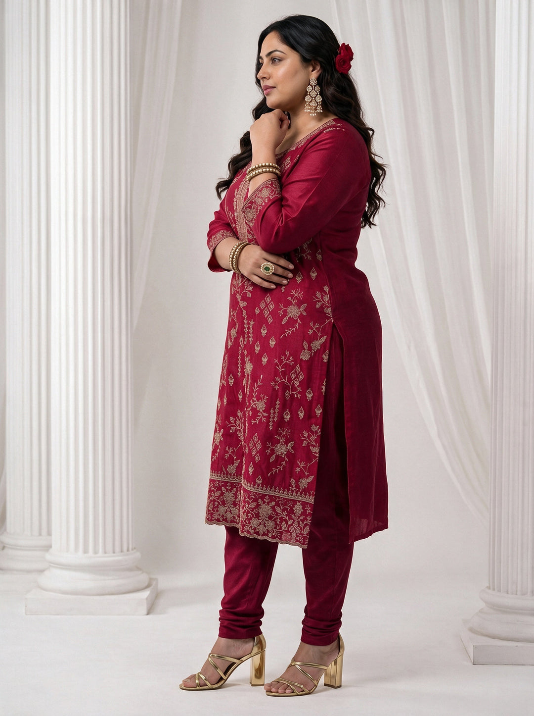  Plus Size Berry Pink Floral Embroidered Silk Blend Straight Suit Set 