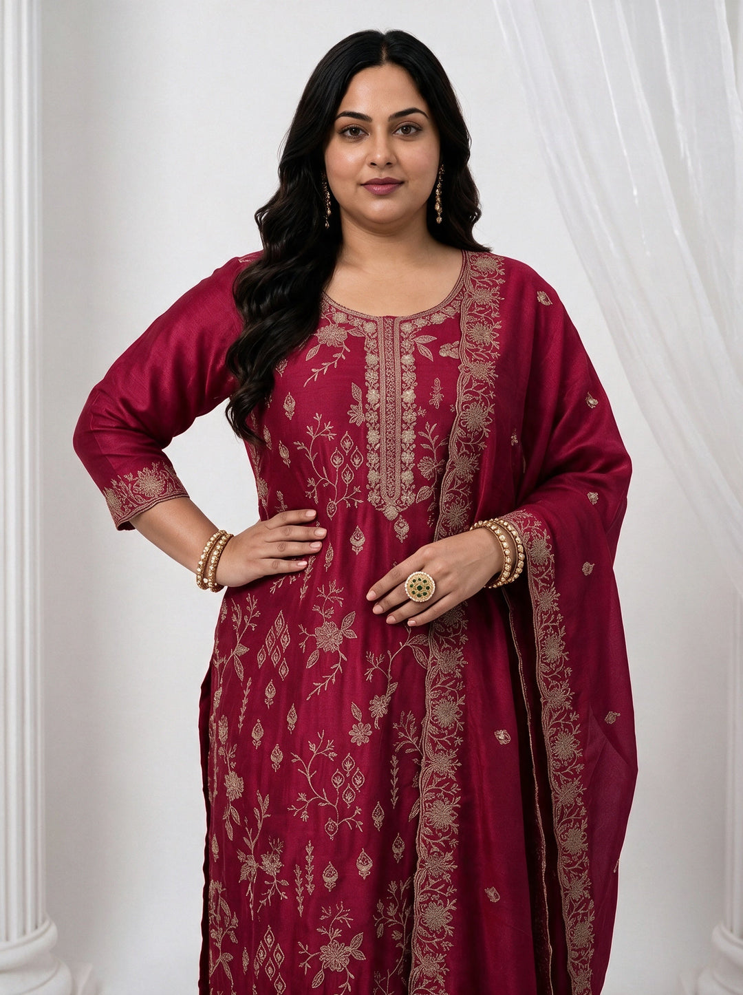  Plus Size Berry Pink Floral Embroidered Silk Blend Straight Suit Set 