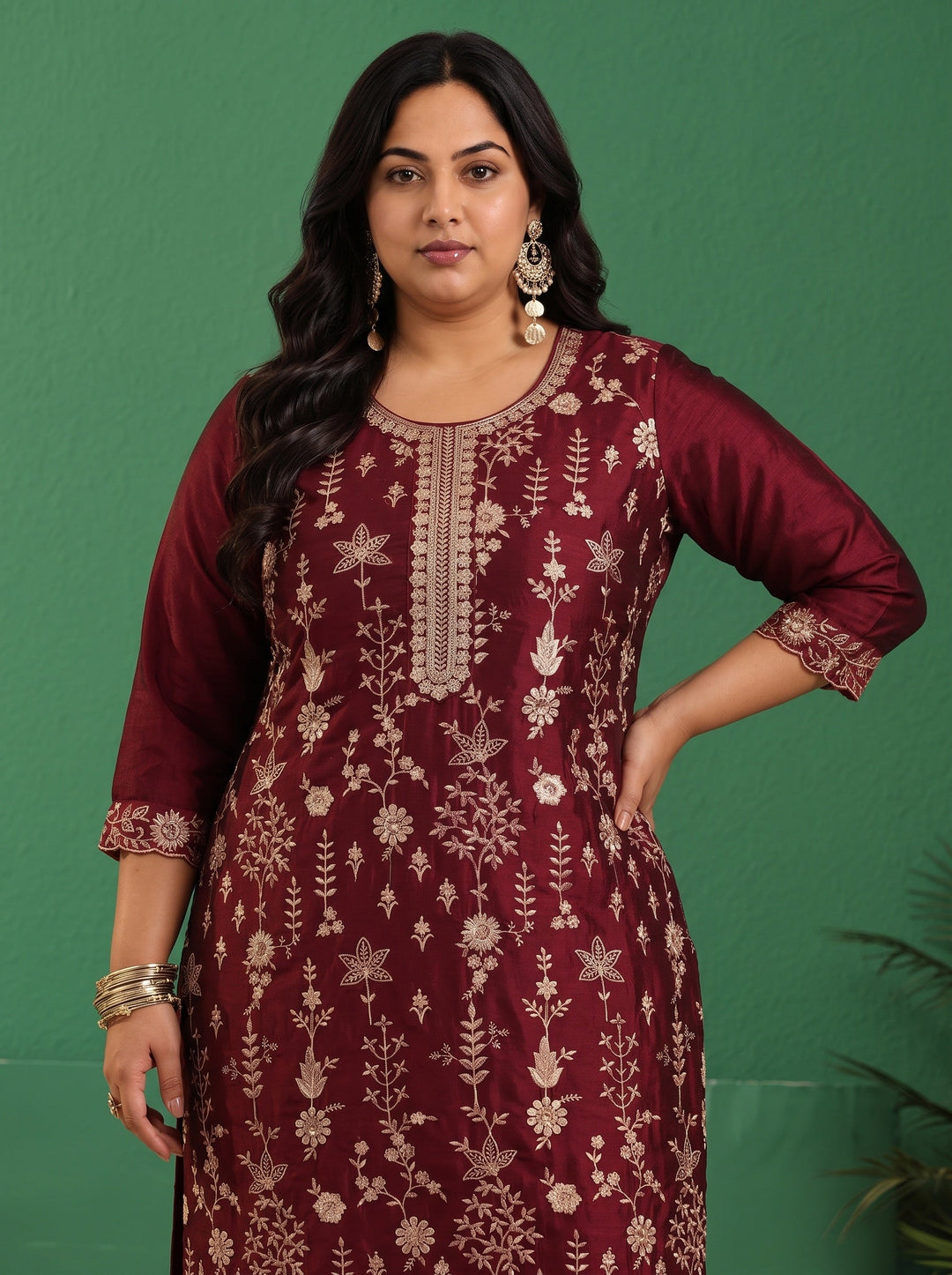  Plus Size Maroon Red Floral Embellished Silk Blend Straight Suit Set 