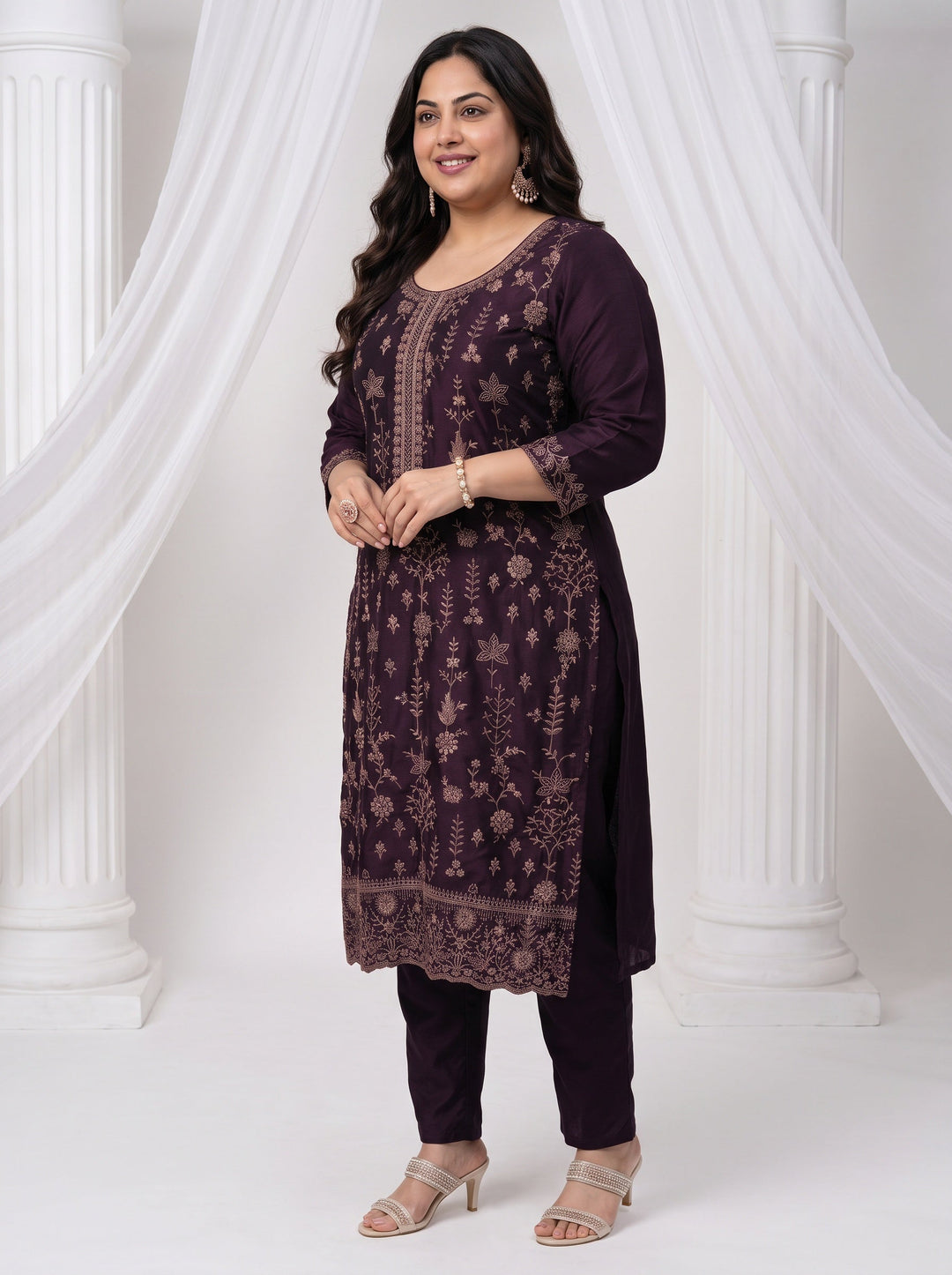  Plus Size Burgundy Floral Embroidered Silk Blend Straight Suit Set 