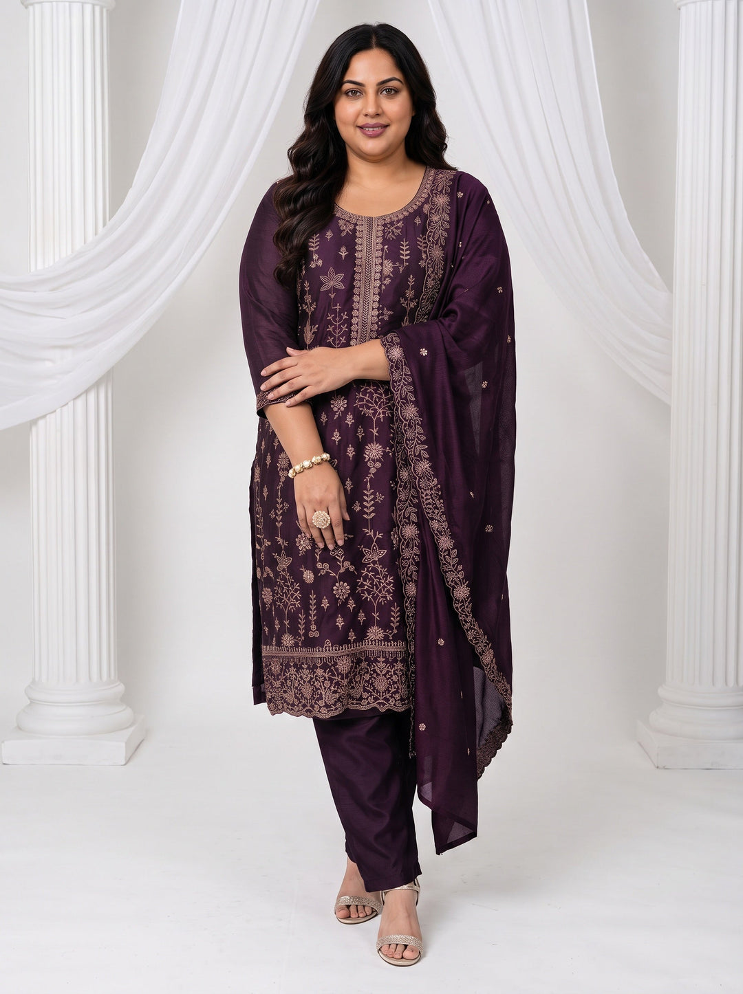 Plus Size Burgundy Floral Embroidered Silk Blend Straight Suit Set 