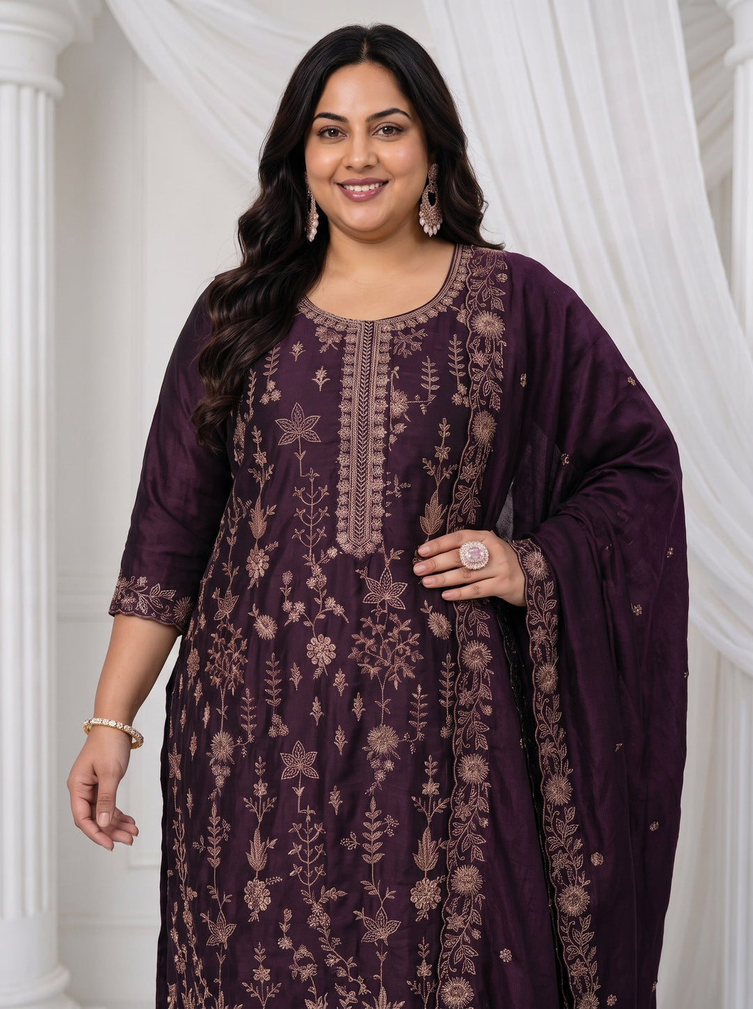  Plus Size Burgundy Floral Embroidered Silk Blend Straight Suit Set 