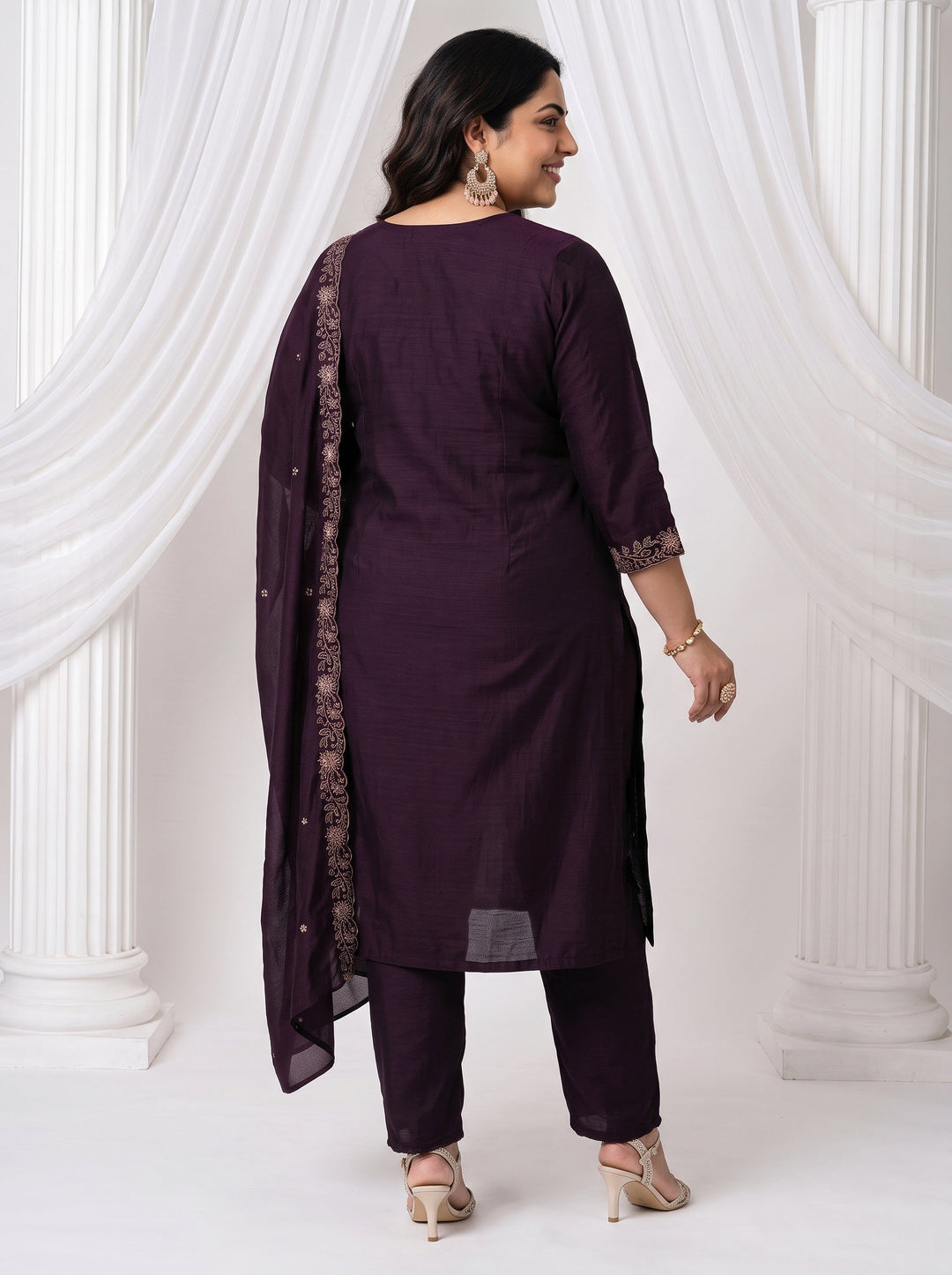  Plus Size Burgundy Floral Embroidered Silk Blend Straight Suit Set 