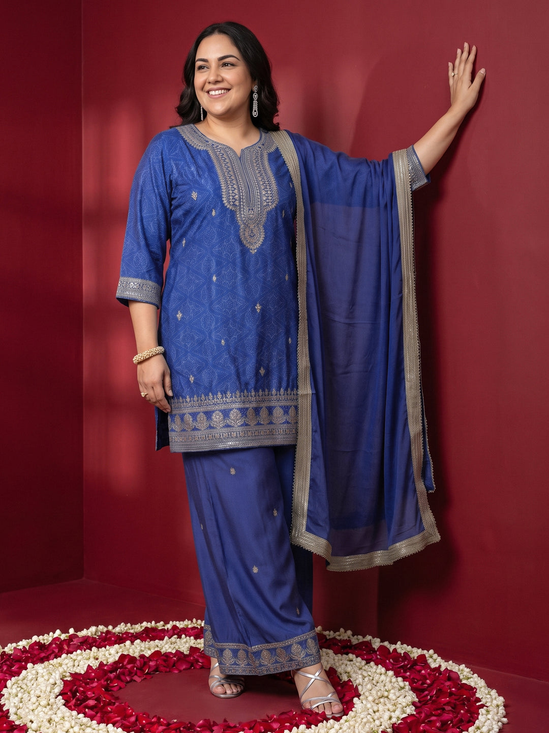  Plus Size Blue Bandhani Printed Silk Blend Palazzo Suit Set 