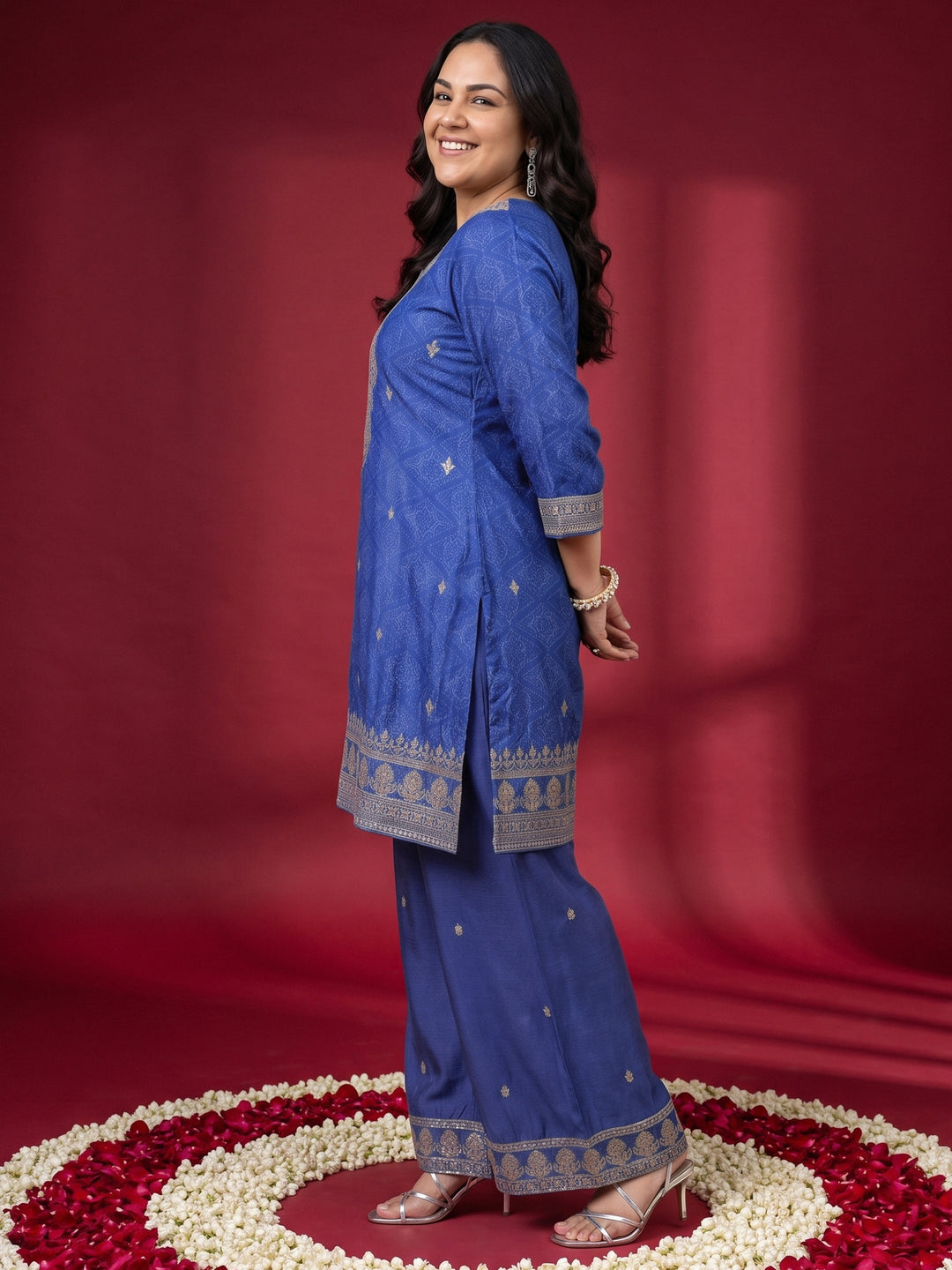  Plus Size Blue Bandhani Printed Silk Blend Palazzo Suit Set 