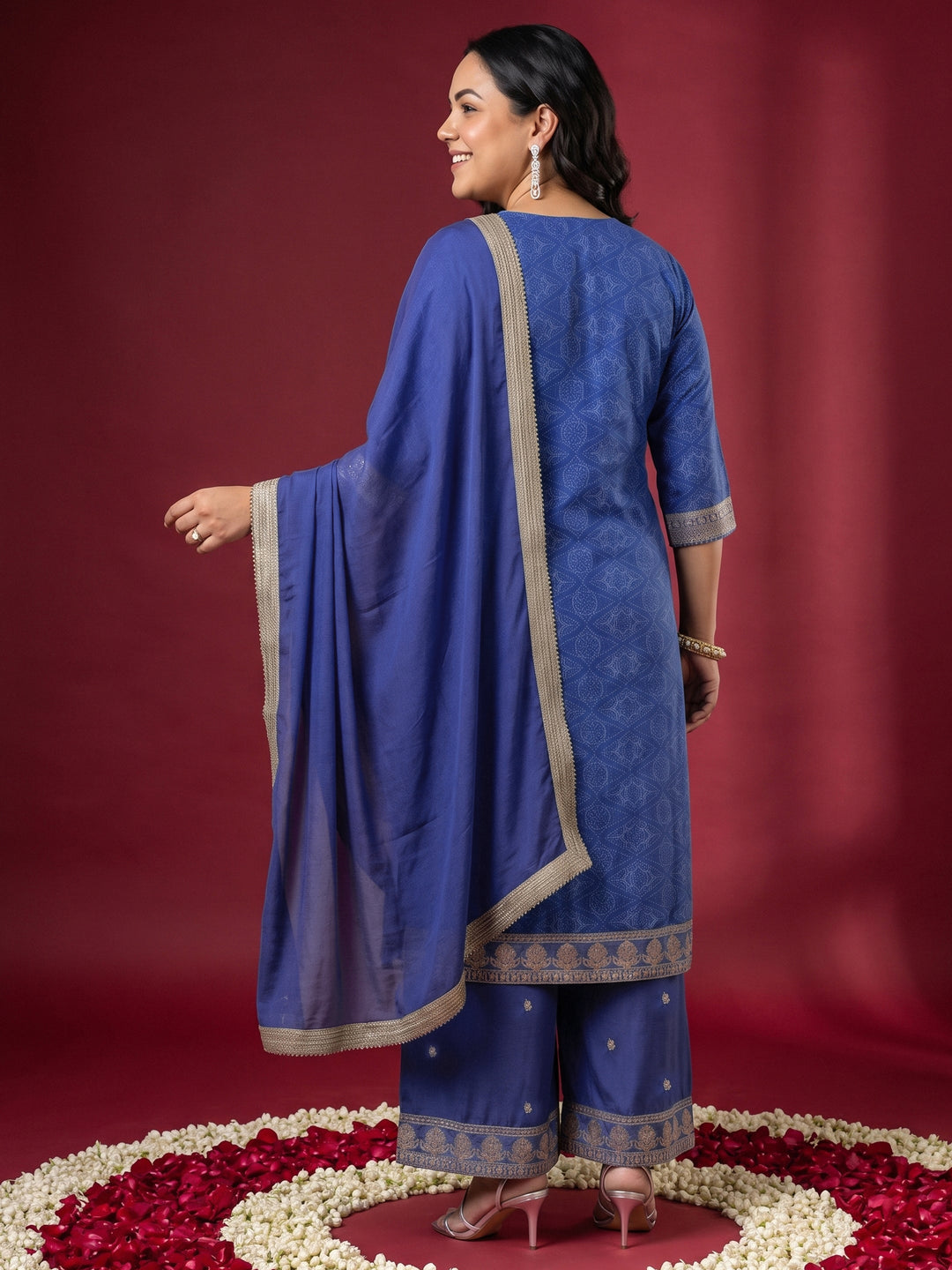  Plus Size Blue Bandhani Printed Silk Blend Palazzo Suit Set 