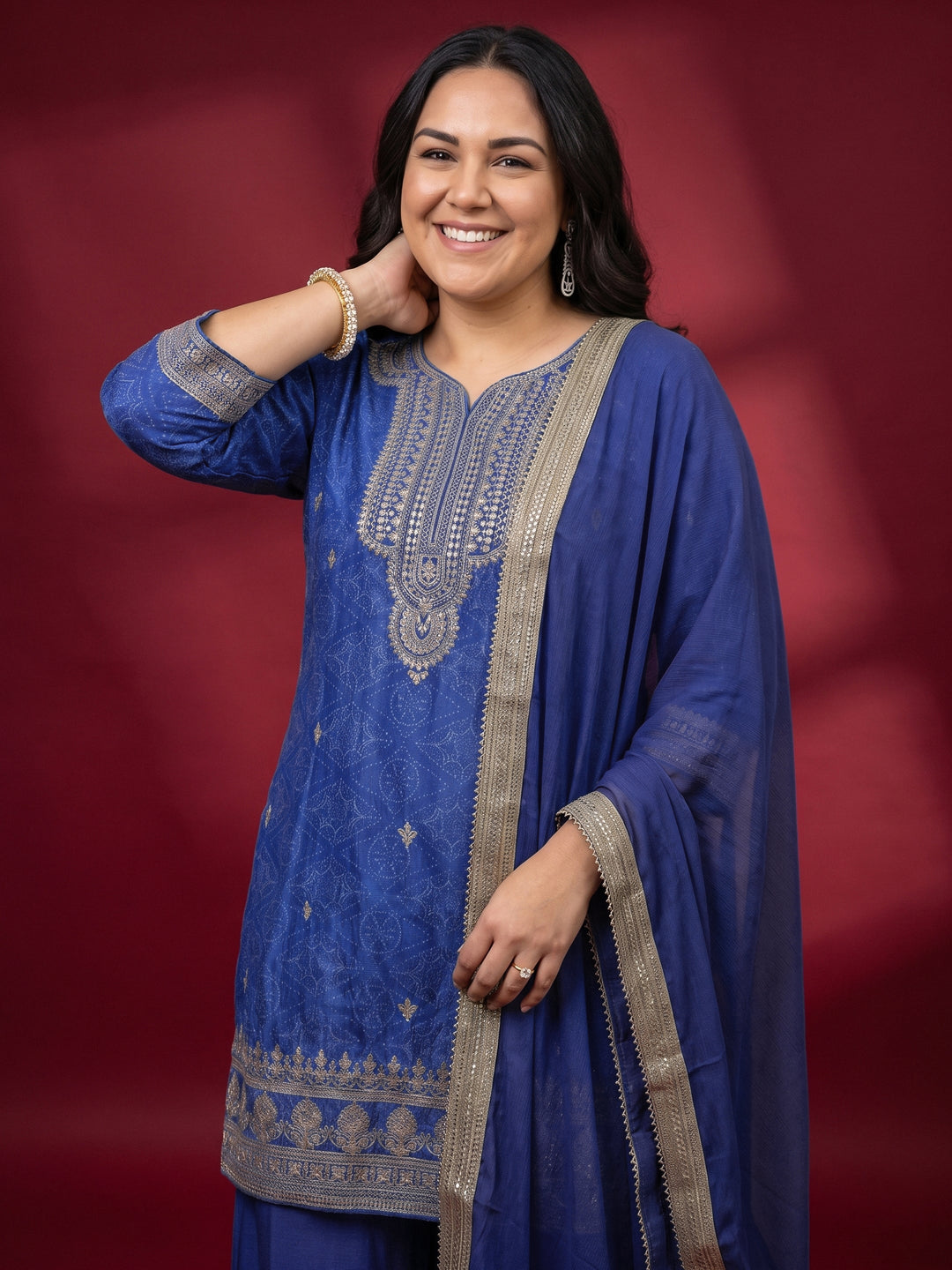  Plus Size Blue Bandhani Printed Silk Blend Palazzo Suit Set 