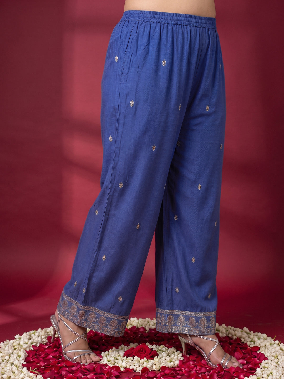  Plus Size Blue Bandhani Printed Silk Blend Palazzo Suit Set 