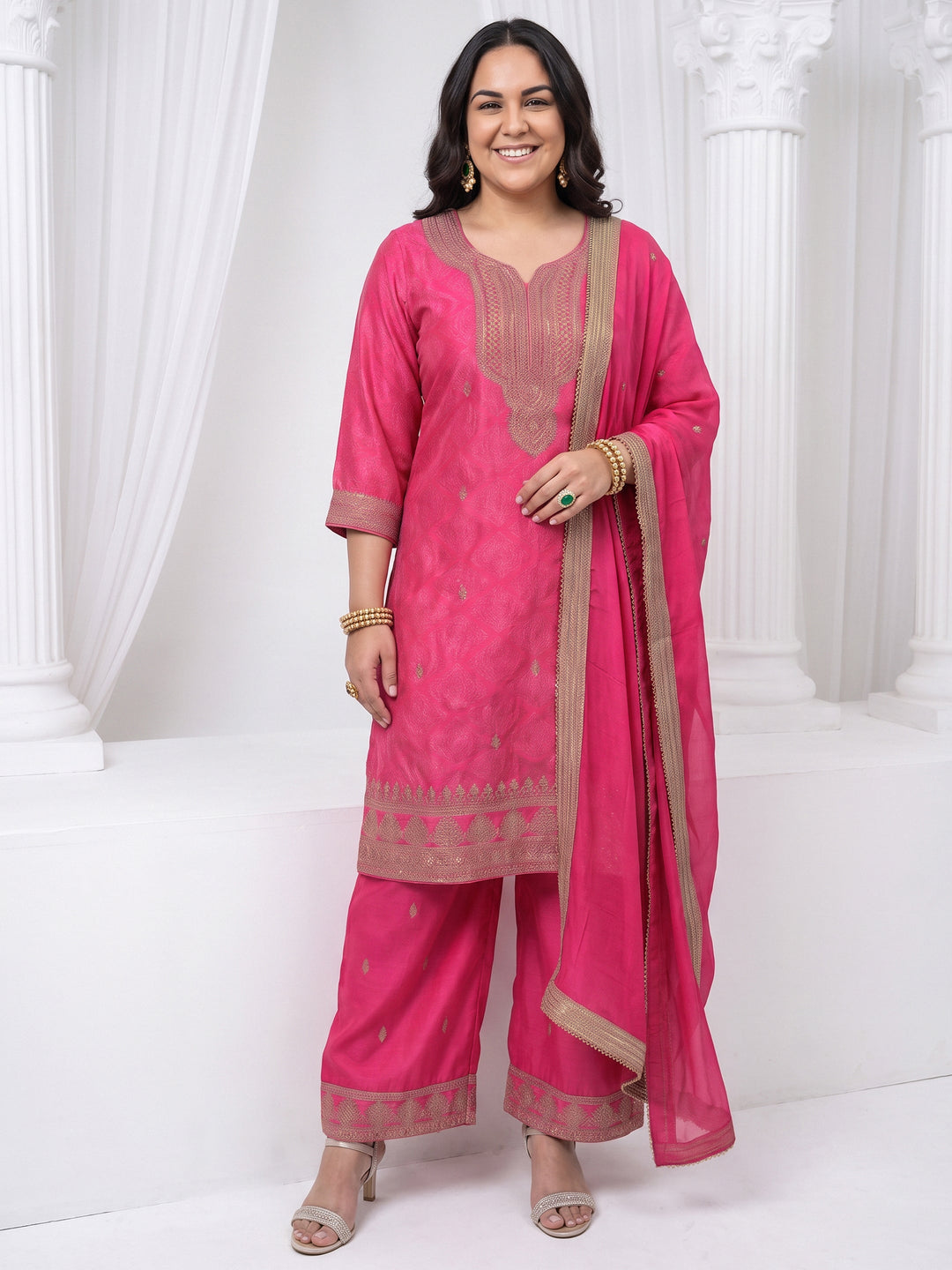  Plus Size Pink Bandhani Printed Silk Blend Palazzo Suit Set 