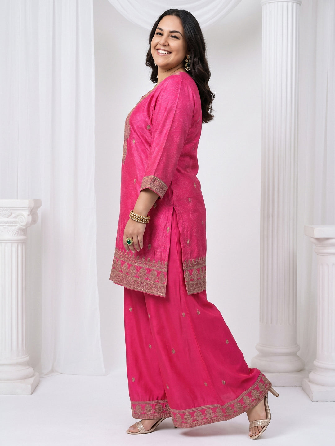  Plus Size Pink Bandhani Printed Silk Blend Palazzo Suit Set 